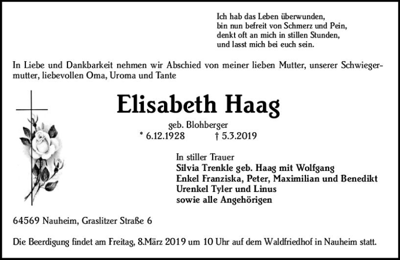  Traueranzeige für Elisabeth Haag vom 06.03.2019 aus vrm-trauer