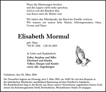 Traueranzeige von Elisabeth Mormul von vrm-trauer