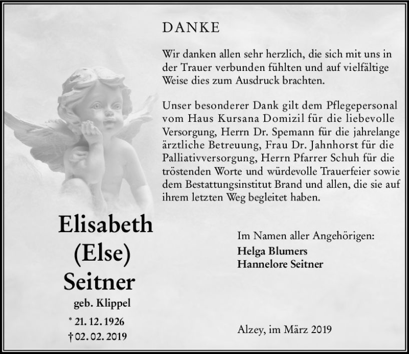  Traueranzeige für Elisabeth Seitner vom 09.03.2019 aus vrm-trauer