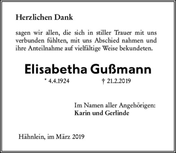 Traueranzeige von Elisabetha Gußmann von vrm-trauer