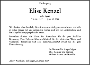 Traueranzeige von Elise Kenzel von vrm-trauer