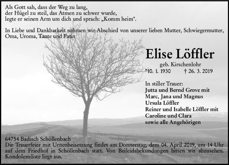  Traueranzeige für Elise Löffler vom 30.03.2019 aus vrm-trauer