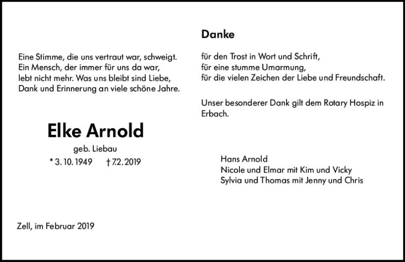  Traueranzeige für Elke Arnold vom 02.03.2019 aus vrm-trauer