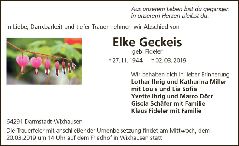  Traueranzeige für Elke Geckeis vom 16.03.2019 aus vrm-trauer
