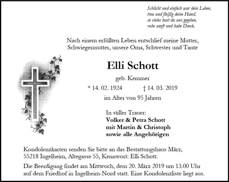  Traueranzeige für Elli Schott vom 16.03.2019 aus vrm-trauer