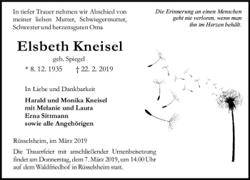 Traueranzeige von Elsbeth Kneisel von vrm-trauer