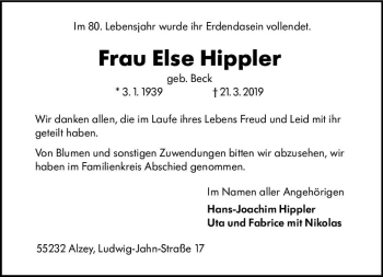 Traueranzeige von Else Hippler von vrm-trauer