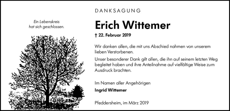  Traueranzeige für Erich Wittemer vom 23.03.2019 aus vrm-trauer