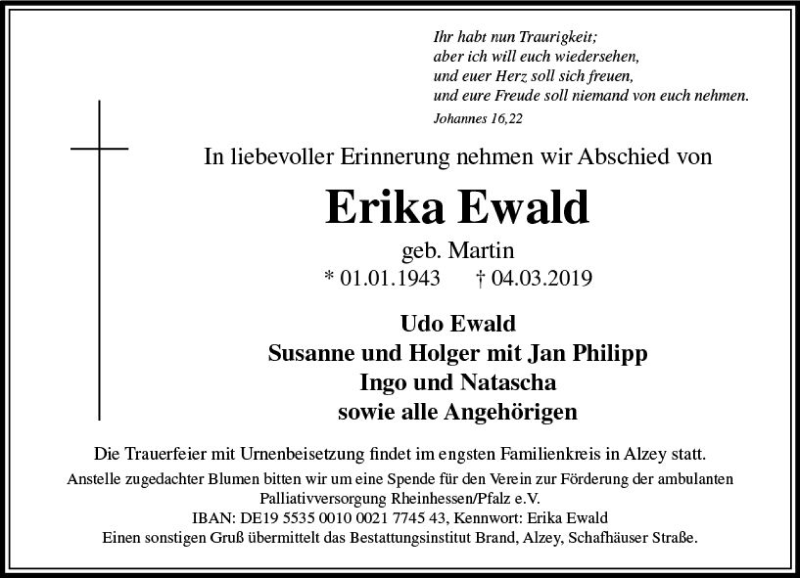  Traueranzeige für Erika Ewald vom 08.03.2019 aus vrm-trauer