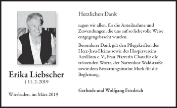 Traueranzeige von Erika Liebscher von vrm-trauer
