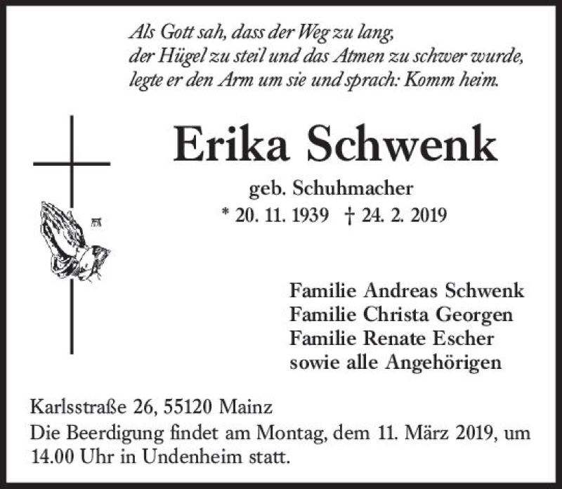 Traueranzeige für Erika Schwenk vom 09.03.2019 aus vrm-trauer