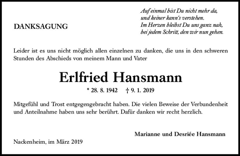  Traueranzeige für Erlfried Hansmann vom 09.03.2019 aus vrm-trauer