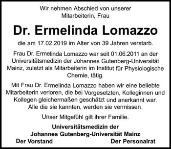 Traueranzeige von Ermelinda Lomazzo von vrm-trauer