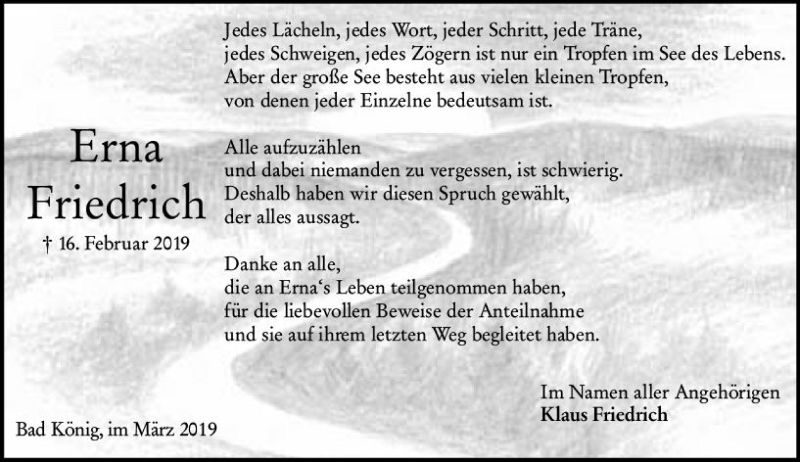  Traueranzeige für Erna Friedrich vom 23.03.2019 aus vrm-trauer