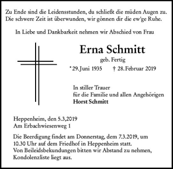 Traueranzeige von Erna Schmitt von vrm-trauer