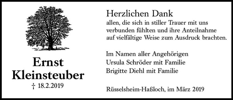  Traueranzeige für Ernst Kleinsteuber vom 09.03.2019 aus vrm-trauer