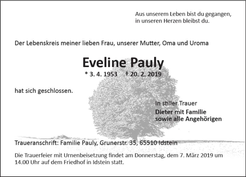  Traueranzeige für Eveline Pauly vom 02.03.2019 aus vrm-trauer