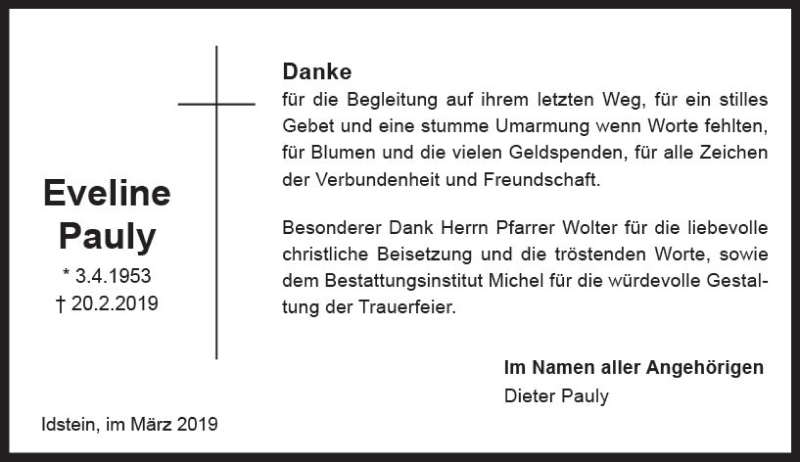  Traueranzeige für Eveline Pauly vom 30.03.2019 aus vrm-trauer