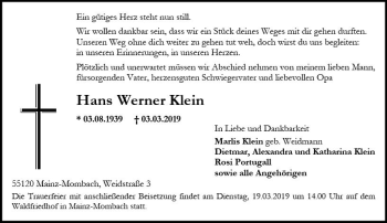 Traueranzeige von Fans Werner Klein von vrm-trauer