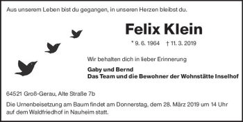 Traueranzeige von Felix Klein von vrm-trauer
