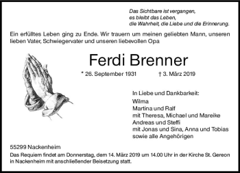 Traueranzeige von Ferdi Brenner von vrm-trauer