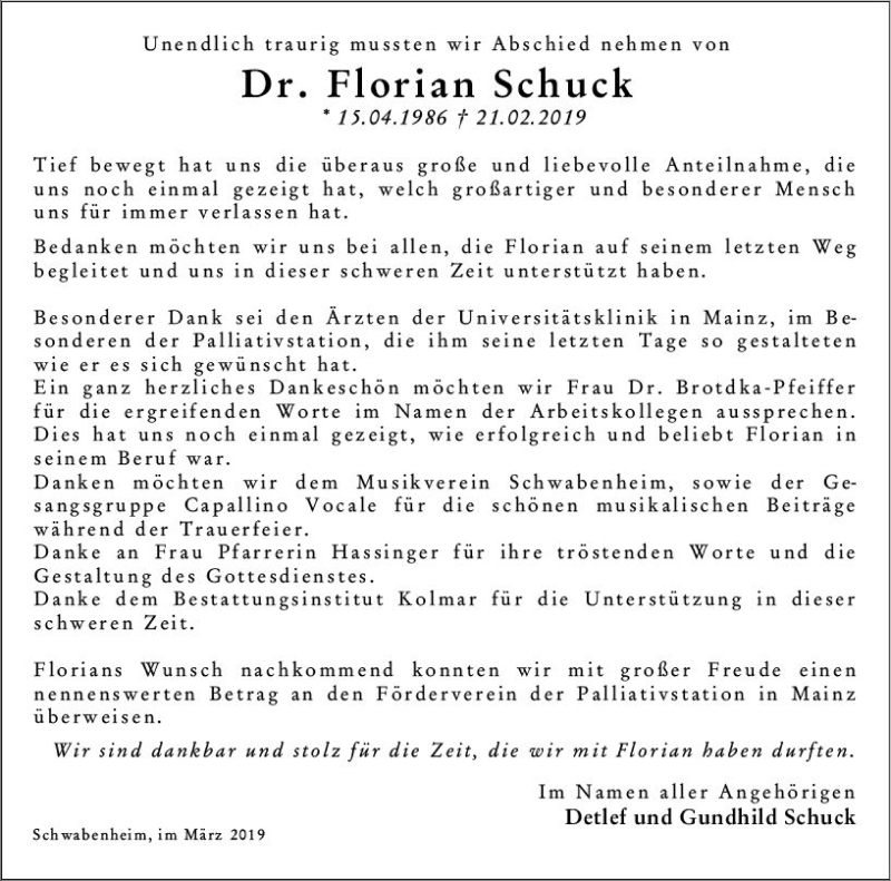  Traueranzeige für Florian Schuck vom 23.03.2019 aus vrm-trauer