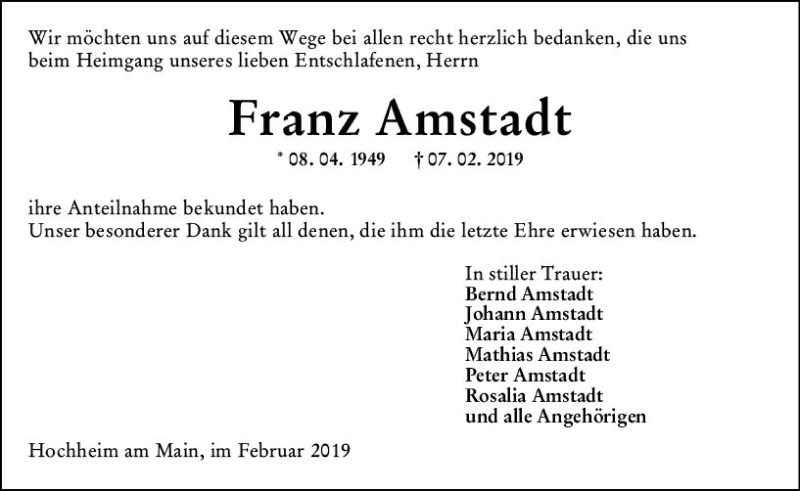  Traueranzeige für Franz Amstadt vom 01.03.2019 aus vrm-trauer