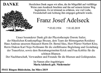 Traueranzeige von Franz Josef Adelseck von vrm-trauer