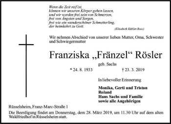Traueranzeige von Franziska Rösler von vrm-trauer