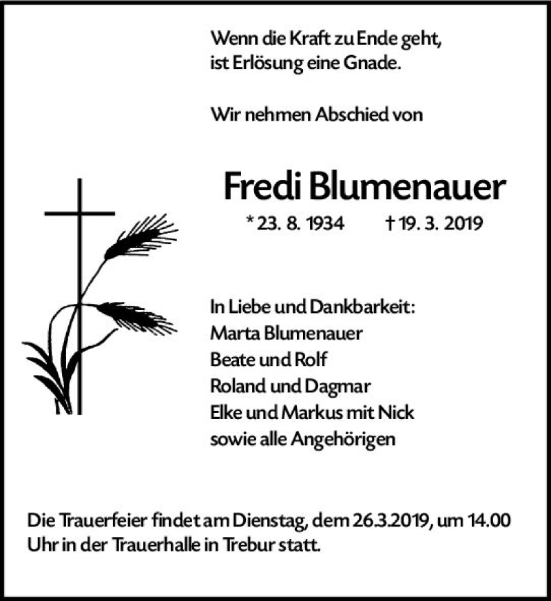  Traueranzeige für Fredi Blumenauer vom 22.03.2019 aus vrm-trauer