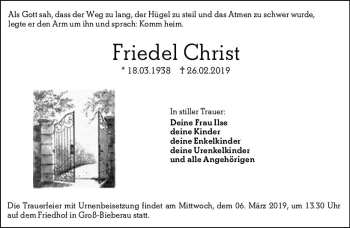 Traueranzeige von Friedel Christ von vrm-trauer