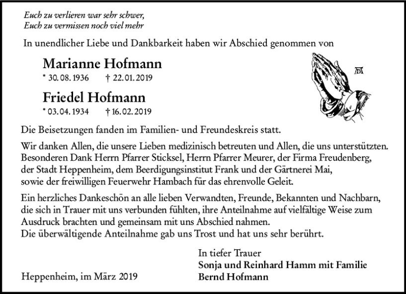  Traueranzeige für Friedel Hofmann vom 23.03.2019 aus vrm-trauer