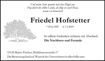 Traueranzeige von Friedel Hofstetter von vrm-trauer