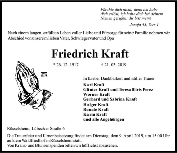 Traueranzeige von Friedrich Kraft von vrm-trauer