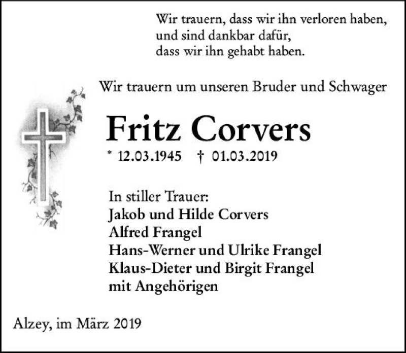  Traueranzeige für Fritz Corvers vom 08.03.2019 aus vrm-trauer