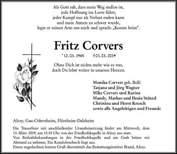 Traueranzeige von Fritz Corvers von vrm-trauer