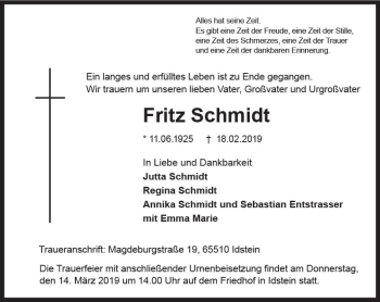 Traueranzeige von Fritz Schmidt von vrm-trauer