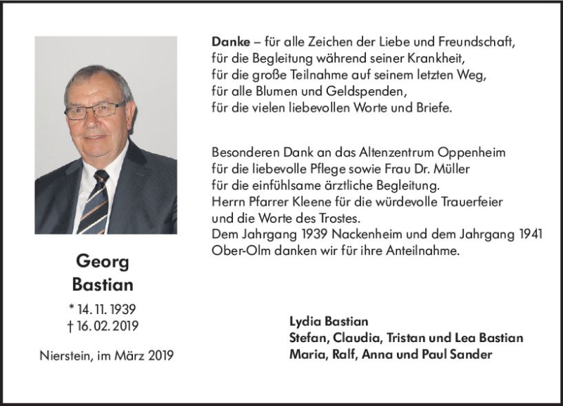  Traueranzeige für Georg Bastian vom 16.03.2019 aus vrm-trauer
