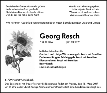 Traueranzeige von Georg Resch von vrm-trauer