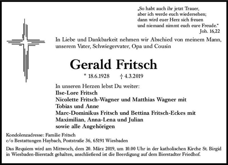  Traueranzeige für Gerald Fritsch vom 16.03.2019 aus vrm-trauer