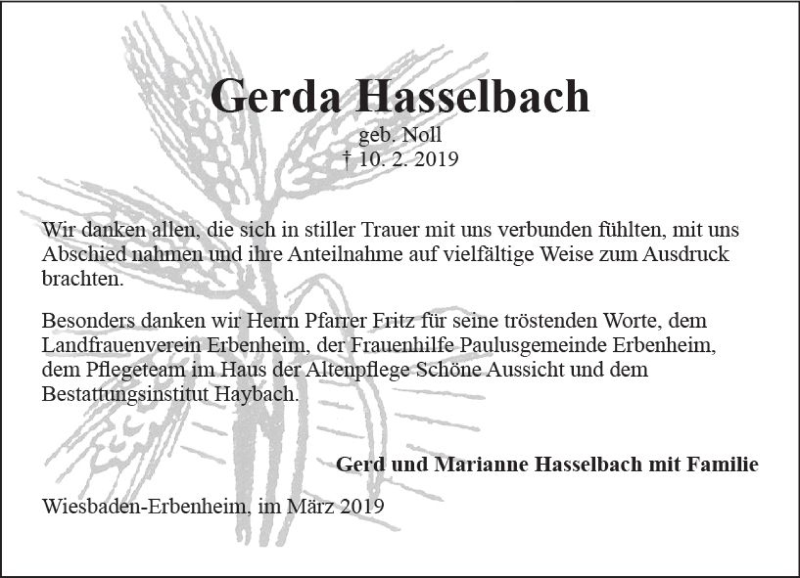  Traueranzeige für Gerda Hasselbach vom 09.03.2019 aus vrm-trauer