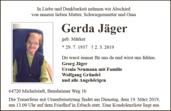 Traueranzeige von Gerda Jäger von vrm-trauer