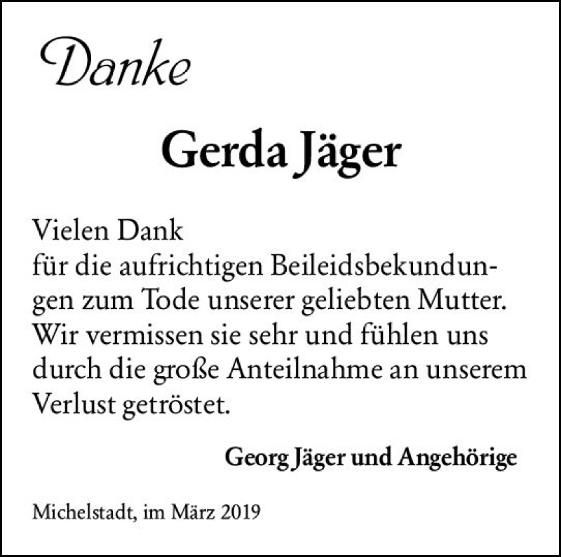  Traueranzeige für Gerda Jäger vom 30.03.2019 aus vrm-trauer