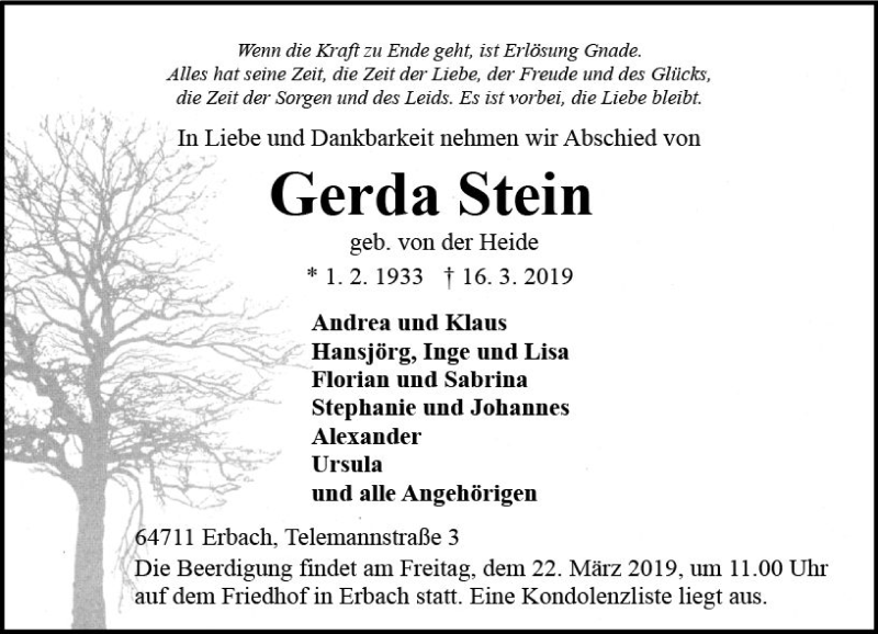  Traueranzeige für Gerda Stein vom 20.03.2019 aus vrm-trauer