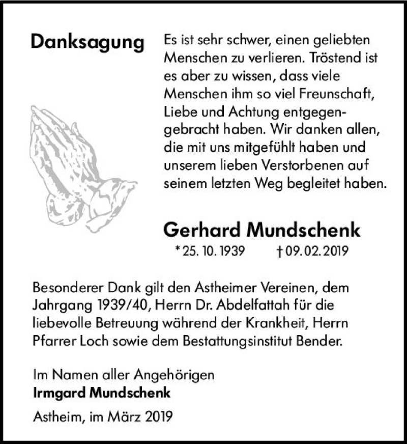  Traueranzeige für Gerhard Mundschenk vom 09.03.2019 aus vrm-trauer