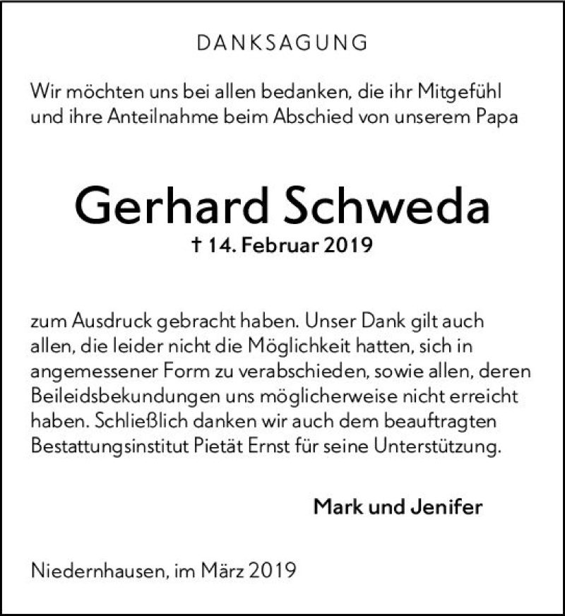  Traueranzeige für Gerhard Schweda vom 09.03.2019 aus vrm-trauer