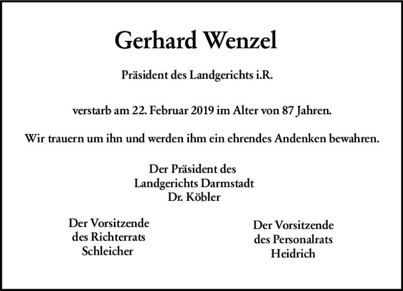  Traueranzeige für Gerhard Wenzel vom 16.03.2019 aus vrm-trauer
