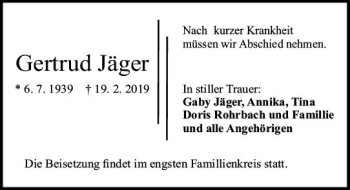Traueranzeige von Gertrud Jäger von vrm-trauer
