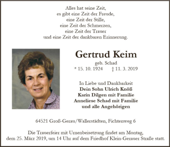 Traueranzeige von Gertrud Keim von vrm-trauer