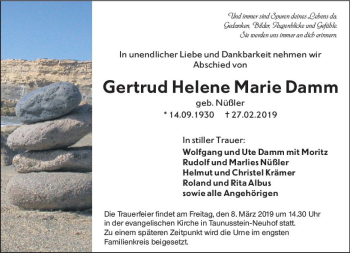 Traueranzeige von Gertrud Helene Marie Damm von vrm-trauer